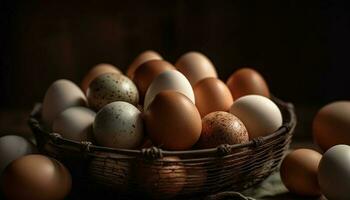 Fresh organic eggs in rustic basket, symbol of healthy eating generated by AI photo