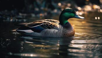 Male mallard duck quacks in tranquil pond, reflecting autumn beauty generated by AI photo