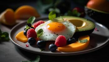 A gourmet salad plate with fresh organic vegetables and berries generated by AI photo