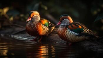 Vibrant wood duck stands in multi colored autumn pond quacking elegantly generated by AI photo