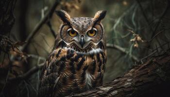 The great horned owl perching on a branch, staring evilly generated by AI photo