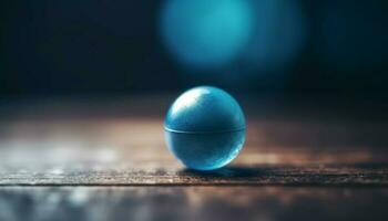 A shiny blue sphere on a wooden table, macro shot generated by AI photo