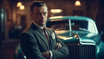 Confident businessman in full suit standing by luxury car outdoors generated by AI photo