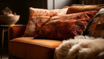 moderno lujo Satisface acogedor comodidad en elegante Doméstico vivo habitación generado por ai foto