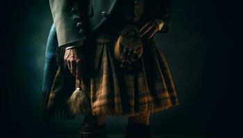 A Scottish man in traditional kilt walks elegantly on stage generated by AI photo