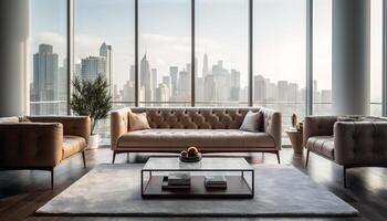 A modern, luxurious living room with comfortable armchairs and pillows generated by AI photo