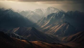 Tranquil meadow at dawn, majestic mountain range in autumn generated by AI photo