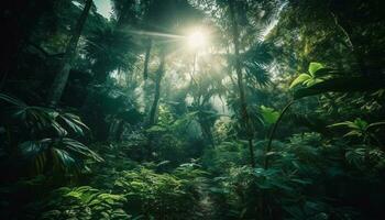 A tropical rainforest landscape with green trees and sunlight generated by AI photo