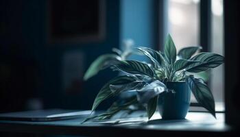 un moderno oficina con Fresco verde plantas en el ventana umbral generado por ai foto