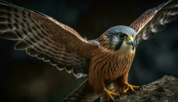 Majestic snowy owl perching, spread wings, talon ready for hunt generated by AI photo