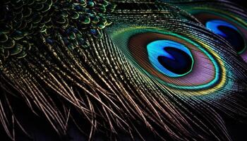 Vibrant peacock feather showcases elegance and beauty in nature design generated by AI photo