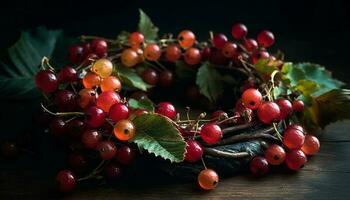 Juicy berry bunch on rustic wood table, a healthy snack generated by AI photo