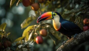 The toucan multi colored beak perches on a green branch generated by AI photo