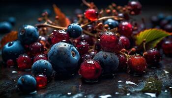 Juicy raspberry snack on rustic table, a healthy autumn refreshment generated by AI photo