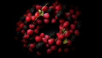 jugoso baya frutas en de madera mesa, un sano verano postre generado por ai foto