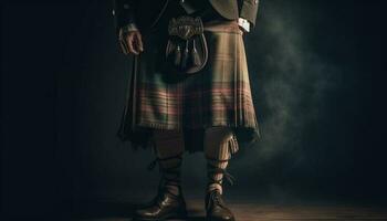 A Scottish musician in traditional clothing plays a musical instrument generated by AI photo