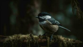 Great tit perching on branch, close up of beautiful feather generated by AI photo