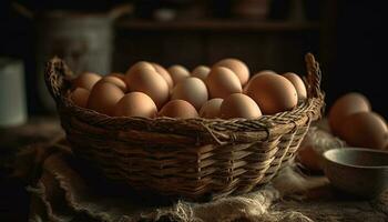 Fresco orgánico huevos en un rústico mimbre cesta en mesa generado por ai foto