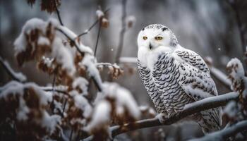 The snowy owl perching on a branch, looking at camera generated by AI photo