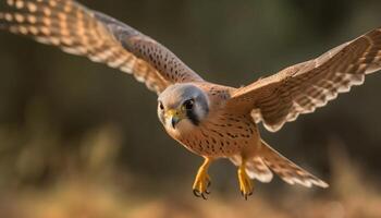 Majestic eagle owl spreads wings mid air, talons in focus generated by AI photo