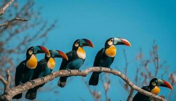 Endangered toucan perching on branch in vibrant Amazon rainforest generated by AI photo