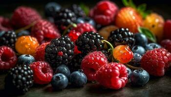 Fresh organic berry dessert, a healthy summer snack on wood table generated by AI photo