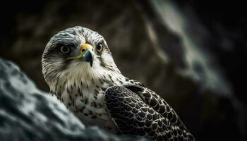 Majestic snowy owl perching, staring with sharp blue eyes generated by AI photo