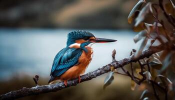 A tranquil scene in the forest kingfisher perching on branch generated by AI photo