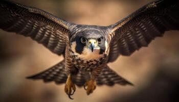 Endangered eagle owl spreads wings in mid air, showcasing natural beauty generated by AI photo