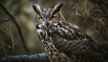 The majestic eagle owl perching on a tree branch generated by AI photo
