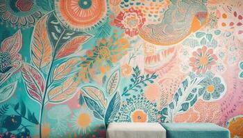 Ornate floral pattern on modern wallpaper adds elegance to room generated by AI photo