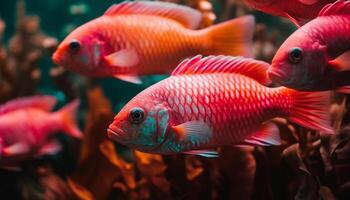 A vibrant school of multi colored fish swim in a reef generated by AI photo