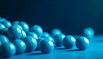 Metallic blue pill spheres in row, prescription medicine decoration generated by AI photo