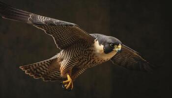 majestuoso pájaro de presa, el halcón peregrino halcón, se extiende amarillo alas generado por ai foto