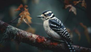 manchado pájaro carpintero encaramado en rama, mirando a cámara, negro color generado por ai foto