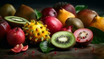 un gastrónomo colección de saludable, orgánico, y jugoso Fruta meriendas generado por ai foto