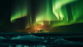 majestuoso montaña rango iluminado por vibrante Aurora estrella polar reflexión generado por ai foto