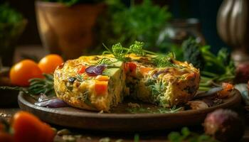 A gourmet vegetarian appetizer homemade baked omelet with fresh herbs generated by AI photo