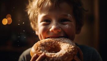 Cute Caucasian boy indulges in sweet donut, enjoying childhood outdoors generated by AI photo