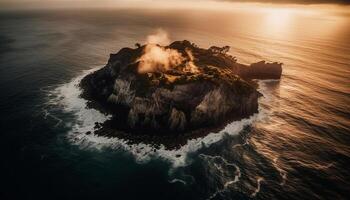 Sunset over Big Sur coastline, crashing waves and majestic mountains generated by AI photo