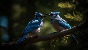 A vibrant blue and gold macaw perching on a branch generated by AI photo