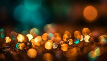 Shiny gold Christmas lights illuminate dark winter night backdrop generated by AI photo