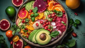 Fresh salad with ripe tomato, avocado, and citrus fruit slices generated by AI photo