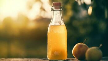 A refreshing glass of organic cider on a wooden table generated by AI photo