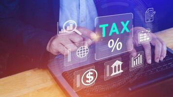 Business using computer to complete Individual income tax return form online for tax payment. Government, state taxes. Data analysis, paperwork, financial research, Calculation tax return. photo