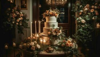 The elegant candlelit table was decorated with flowers and chocolate generated by AI photo