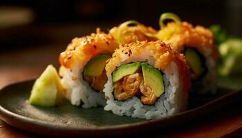 Fresh seafood maki sushi plate with avocado, ginger, and nori generated by AI photo