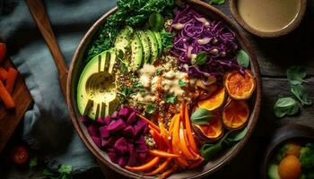 A rustic bowl of fresh vegetarian salad with organic ingredients generated by AI photo