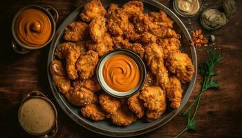 Grilled meat plate with spicy dip, a perfect lunch meal generated by AI photo