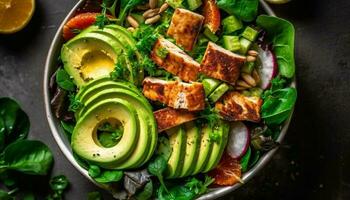 A la parrilla filete y vegetal ensalada, un sano gastrónomo almuerzo opción generado por ai foto